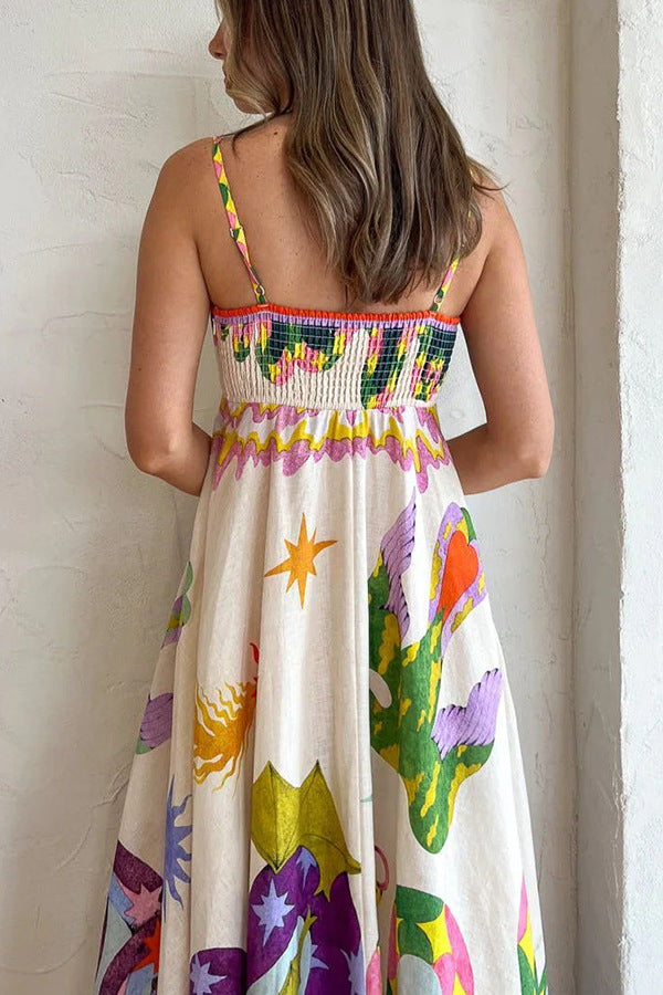 Linen Blend Unique Print Smocked Back Pocketed Maxi Dress