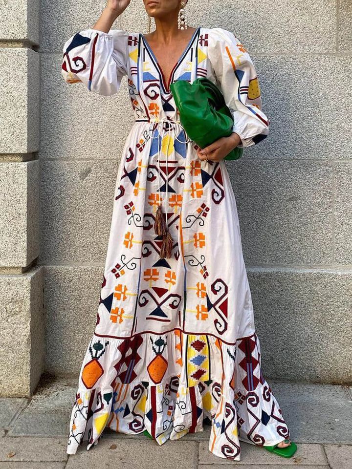 Holiday Style Lantern Sleeve Printed Long Dress