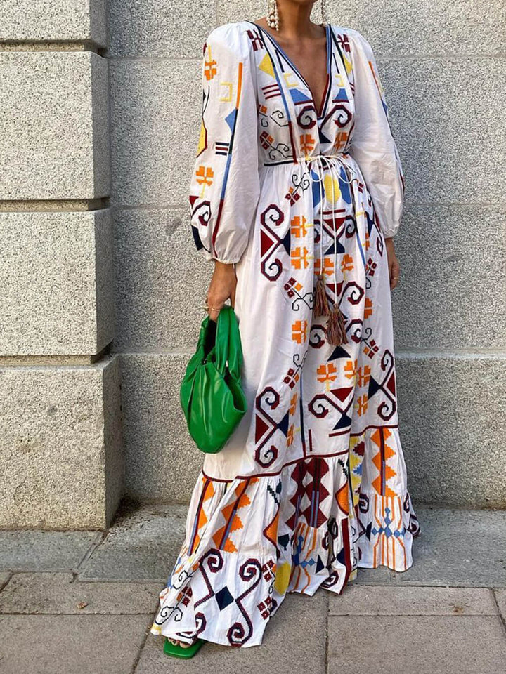 Holiday Style Lantern Sleeve Printed Long Dress