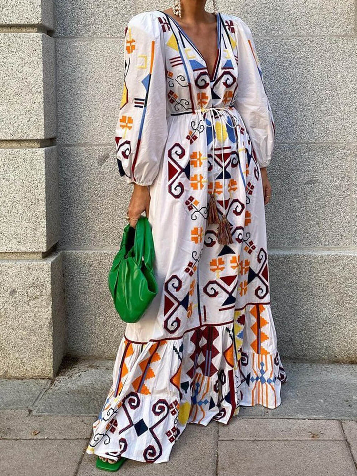 Holiday Style Lantern Sleeve Printed Long Dress