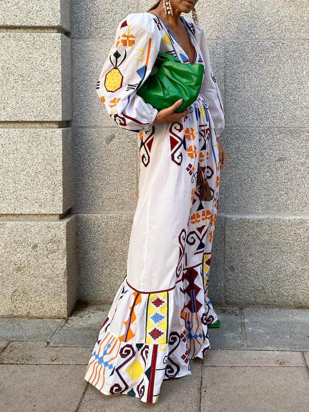 Holiday Style Lantern Sleeve Printed Long Dress