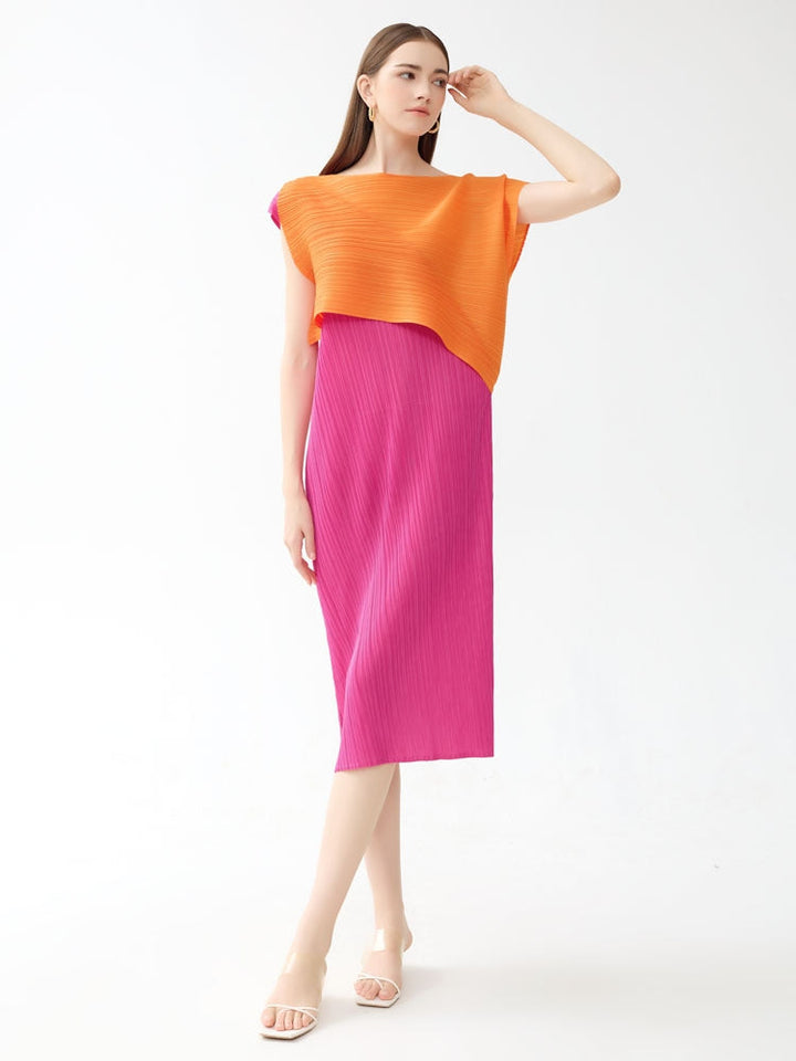 Round Neck Pleated Color Block Midi Dress