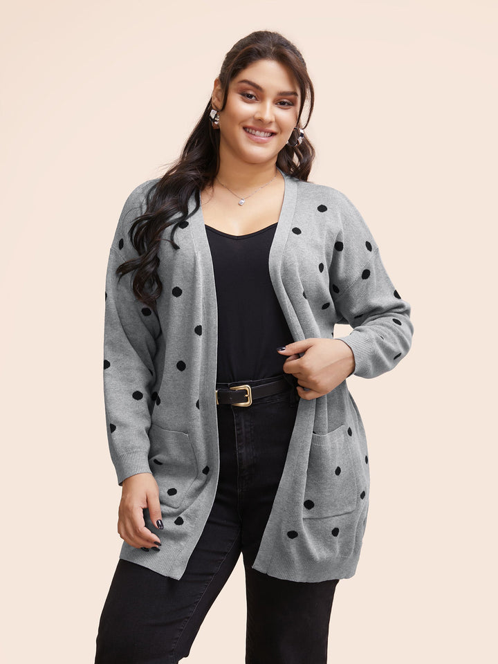 Polka Dot Kimono Collar Patch Pocket Cardigan