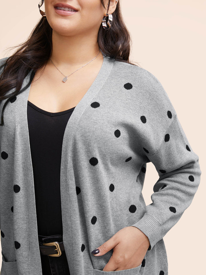 Polka Dot Kimono Collar Patch Pocket Cardigan