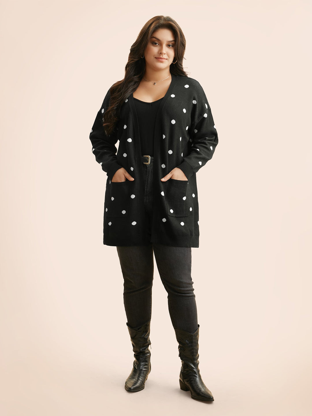 Polka Dot Kimono Collar Patch Pocket Cardigan