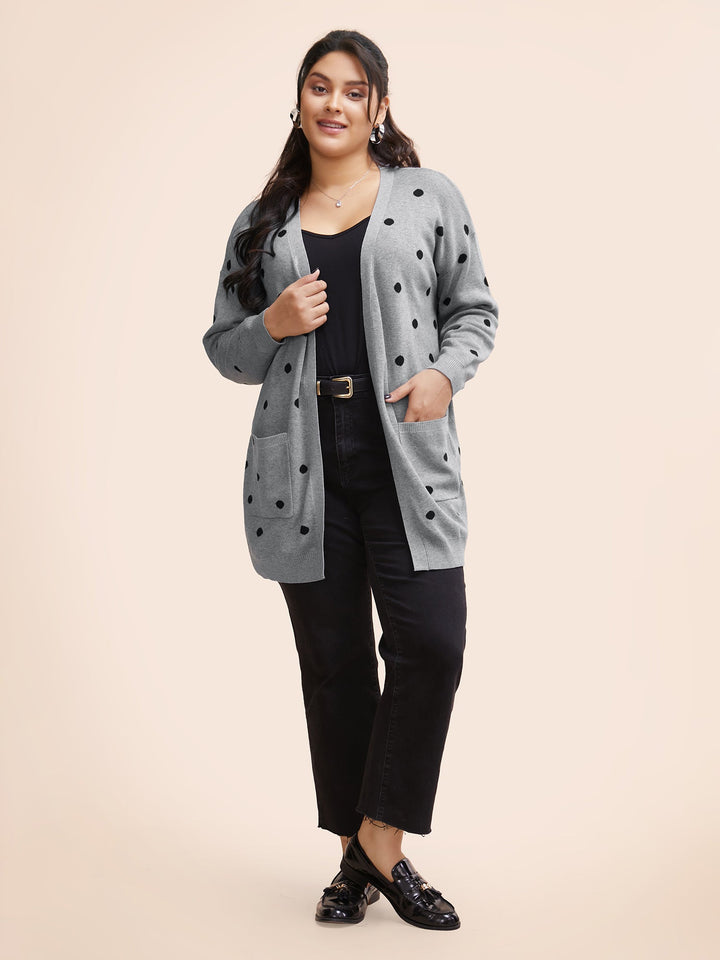 Polka Dot Kimono Collar Patch Pocket Cardigan